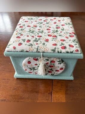 Strawberry print fabric box with tassel 
Sewing box or just storage